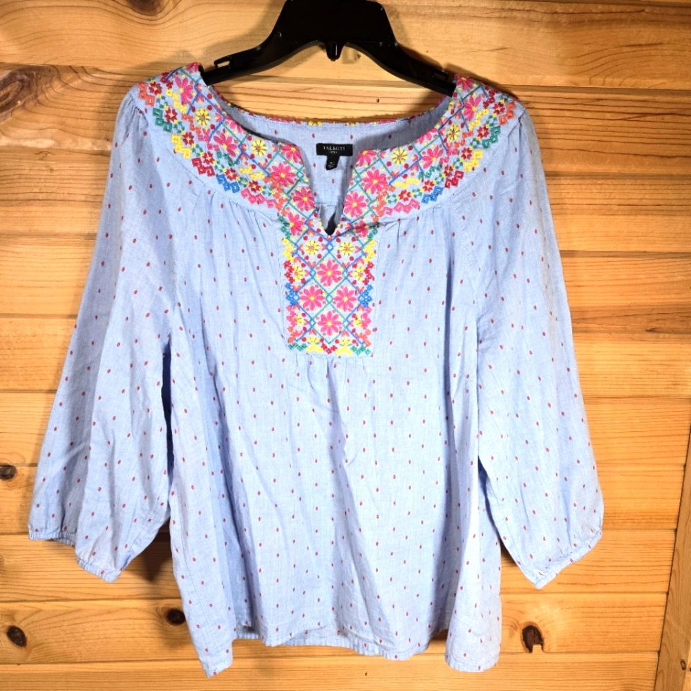 Talbots Pullover Peasant Top Cotton Blue Pink Embroidered Floral Boho Womens XLP